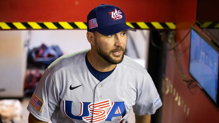 Mar 15, 2023; Phoenix, Arizona, USA; USA pitcher Adam Wainwright against Colombia during the World Baseball Classic at Chase Field. Mandatory Credit: Mark J. Rebilas-USA TODAY Sports
