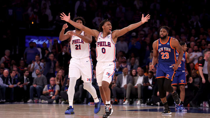 Apr 30, 2024; New York, New York, USA; Philadelphia 76ers guard Tyrese Maxey (0) reacts during overtime in game 5 of the first round of the 2024 NBA playoffs against the New York Knicks at Madison Square Garden. Mandatory Credit: Brad Penner-Imagn Images