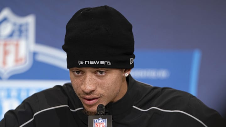 Clemson defensive back Avieon Terrell (DB31) speaks to media members during the NFL Combine at the Indiana Convention Center.