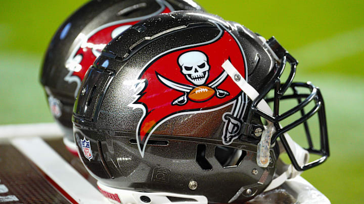Nov 4, 2024; Kansas City, Missouri, USA; A general view of Tampa Bay Buccaneers helmets against the Kansas City Chiefs during the first half at GEHA Field at Arrowhead Stadium. Mandatory Credit: Denny Medley-Imagn Images
