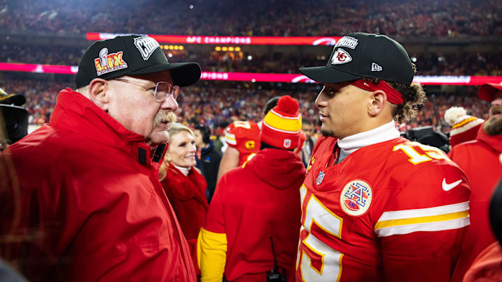 Jan 26, 2025; Kansas City, MO, USA; Kansas City Chiefs head coach Andy Reid (left) with quarterback Patrick Mahomes (15) after defeating the Buffalo Bills in the AFC Championship game at GEHA Field at Arrowhead Stadium. Mandatory Credit: Mark J. Rebilas-Imagn Images Jan 26, 2025; Kansas City, MO, USA; Kansas City Chiefs head coach Andy Reid (left) with quarterback Patrick Mahomes (15) after defeating the Buffalo Bills in the AFC Championship game at GEHA Field at Arrowhead Stadium. Mandatory Credit: Mark J. Rebilas-Imagn Images