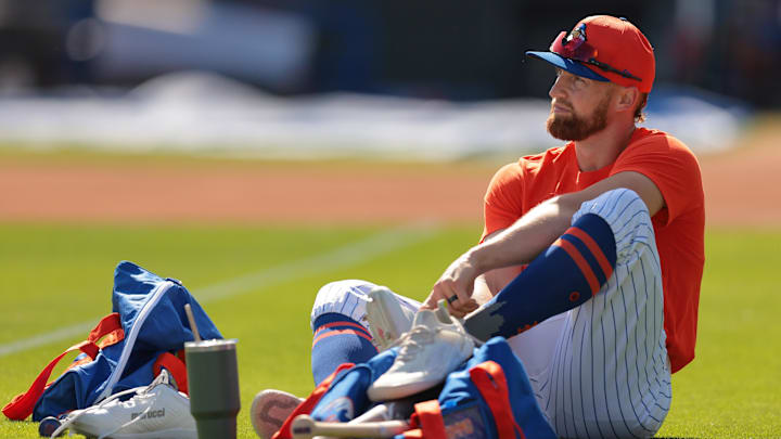 Feb 17, 2025; Port St. Lucie, FL, USA; New York Mets left fielder Brandon Nimmo (9) looks on during a spring training workout at Clover Park. Mandatory Credit: Sam Navarro-Imagn Images