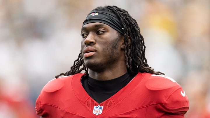 Oct 19, 2025; Glendale, Arizona, USA; Arizona Cardinals wide receiver Marvin Harrison Jr. (18) against the Green Bay Packers at State Farm Stadium. Oct 19, 2025; Glendale, Arizona, USA; Arizona Cardinals wide receiver Marvin Harrison Jr. (18) against the Green Bay Packers at State Farm Stadium.