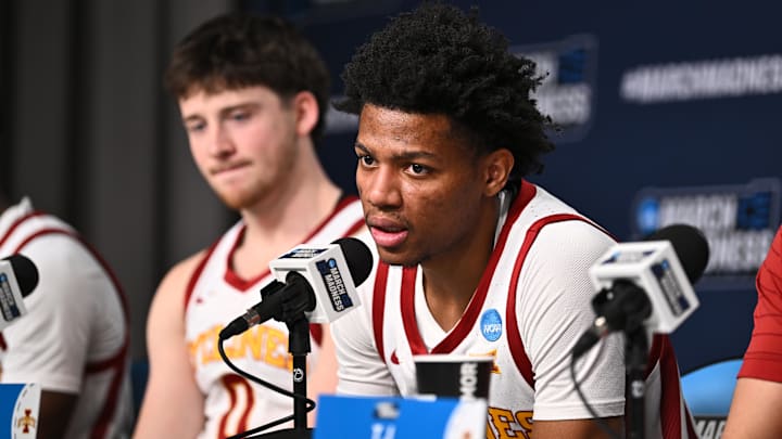 Mar 20, 2026; St. Louis, MO, USA; Iowa State Cyclones guard Dominick Nelson (11) addresses the media after a first round game of the men's 2026 NCAA Tournament against the Tennessee State Tigers at Enterprise Center.