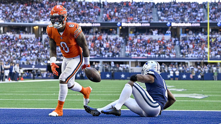 Oct 30, 2022; Arlington, Texas, USA; Chicago Bears wide receiver N'Keal Harry (8) and Dallas Cowboys