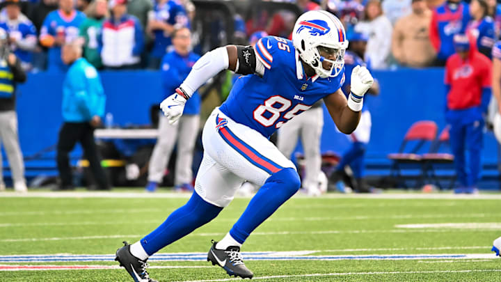 Nov 3, 2024; Orchard Park, New York, USA; Buffalo Bills tight end Quintin Morris (85) on a kickoff against the Miami Dolphins in the fourth quarter at Highmark Stadium. Mandatory Credit: Mark Konezny-Imagn Images Nov 3, 2024; Orchard Park, New York, USA; Buffalo Bills tight end Quintin Morris (85) on a kickoff against the Miami Dolphins in the fourth quarter at Highmark Stadium. Mandatory Credit: Mark Konezny-Imagn Images