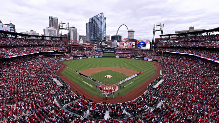 Apr 4, 2024; St. Louis, Missouri, USA;  A general view during the national anthem before the St. Louis Cardinals home opener against the Miami Marlins at Busch Stadium. Mandatory Credit: Jeff Curry-USA TODAY Sports