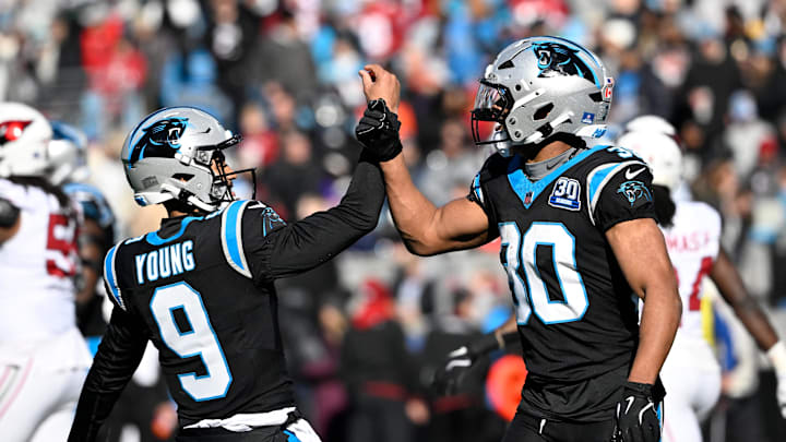 Dec 22, 2024; Charlotte, North Carolina, USA;  Carolina Panthers running back Chuba Hubbard (30) celebrates with quarterback Bryce Young (9) after scoring a touchdown in the first quarter at Bank of America Stadium. Mandatory Credit: Bob Donnan-Imagn Images