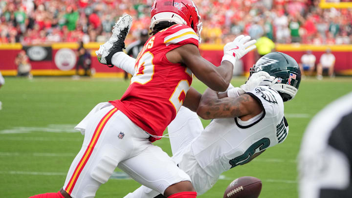 Sep 14, 2025; Kansas City, Missouri, USA; Philadelphia Eagles wide receiver DeVonta Smith (6) is unable to make a reception defended by Kansas City Chiefs cornerback Nohl Williams (20) during the third quarter of the game at GEHA Field at Arrowhead Stadium. Mandatory Credit: Denny Medley-Imagn Images