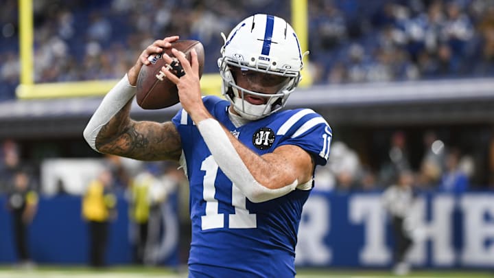 Oct 26, 2025; Indianapolis, Indiana, USA;  Indianapolis Colts wide receiver Michael Pittman Jr. (11) warms up before the game against the Tennessee Titans at Lucas Oil Stadium. Mandatory Credit: Robert Goddin-Imagn Images
