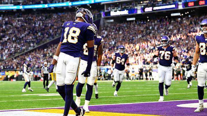 Sep 13, 2026; Minneapolis, Minnesota, USA;  Minnesota Vikings wide receiver Justin Jefferson (18) celebrates after a touchdown during the second half against the Green Bay Packers at U.S. Bank Stadium.  Mandatory Credit: Jeffrey Becker-Imagn Images