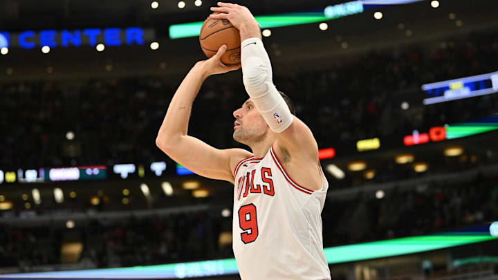 Jan 18, 2026; Chicago, Illinois, USA; Chicago Bulls center Nikola Vucevic (9) makes a three point shot against the Brooklyn Nets during the first half at United Center. Mandatory Credit: Patrick Gorski-Imagn Images Jan 18, 2026; Chicago, Illinois, USA; Chicago Bulls center Nikola Vucevic (9) makes a three point shot against the Brooklyn Nets during the first half at United Center. Mandatory Credit: Patrick Gorski-Imagn Images