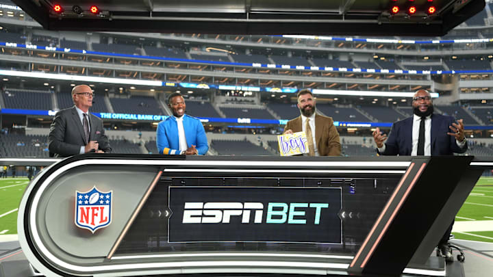 Scott Van Pelt, Ryan Clark, Jason Kelce, and Marcus Spears on the ESPN Monday Night Football Countdown.