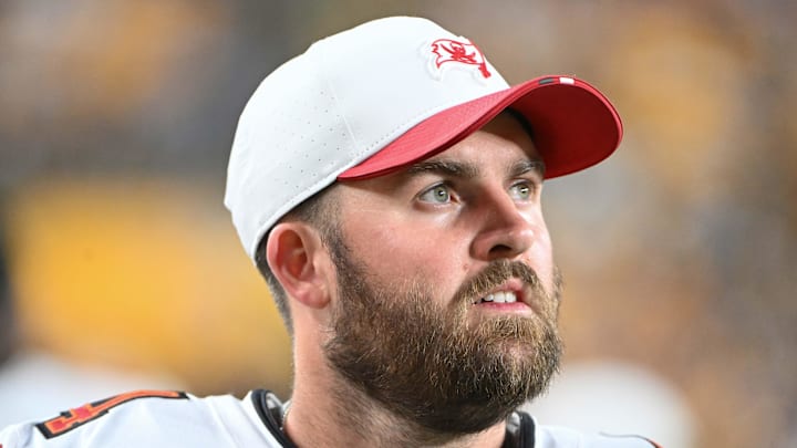 Aug 16, 2025; Pittsburgh, Pennsylvania, USA; Tampa Bay Buccaneers place kicker Chase McLaughlin (4) watches the action against the  Pittsburgh Steelers during the second half at Acrisure Stadium. Mandatory Credit: Barry Reeger-Imagn Images
