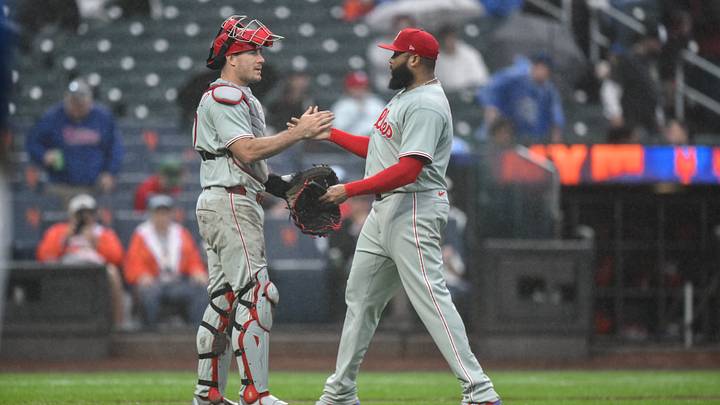 Sep 20, 2026; New York City, New York, USA; Philadelphia Phillies catcher J.T. Realmuto (10) greets relief pitcher Jose Alvarado (46) after winning against the New York Mets at Citi Field. Mandatory Credit: John Jones-Imagn Images Sep 20, 2026; New York City, New York, USA; Philadelphia Phillies catcher J.T. Realmuto (10) greets relief pitcher Jose Alvarado (46) after winning against the New York Mets at Citi Field. Mandatory Credit: John Jones-Imagn Images
