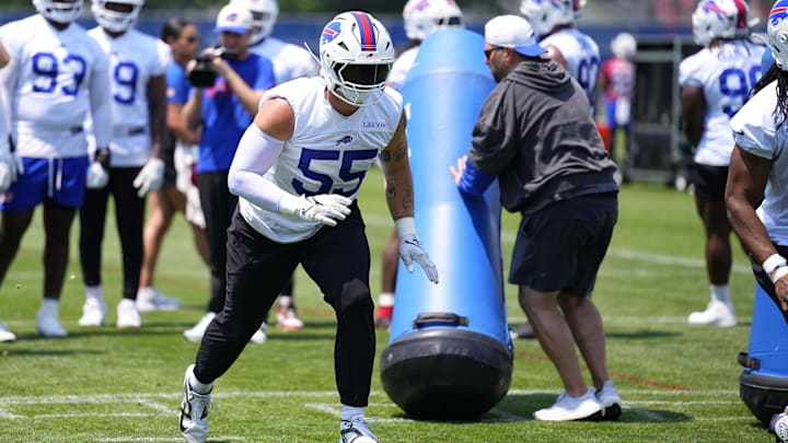 Jun 11, 2025; Orchard Park, NY, USA; Buffalo Bills defensive end Michael Hoecht (55) works out during Minicamp at Highmark Stadium. Jun 11, 2025; Orchard Park, NY, USA; Buffalo Bills defensive end Michael Hoecht (55) works out during Minicamp at Highmark Stadium.