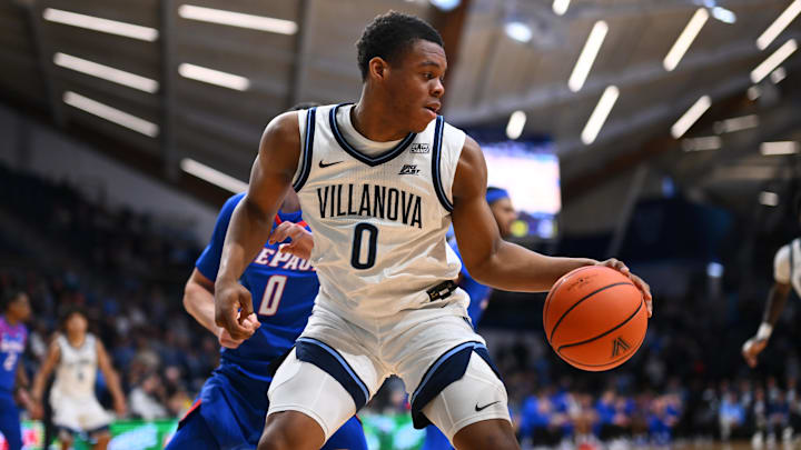 Jan 4, 2025; Villanova, Pennsylvania, USA; Villanova Wildcats forward Josiah Moseley (0) controls the ball against the DePaul Blue Demons in the second half at William B. Finneran Pavilion. Mandatory Credit: Kyle Ross-Imagn Images