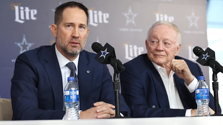 Dallas Cowboys Head Coach Brian Schottenheimer and owner Jerry Jones speak to the media at a press conference at the Star.