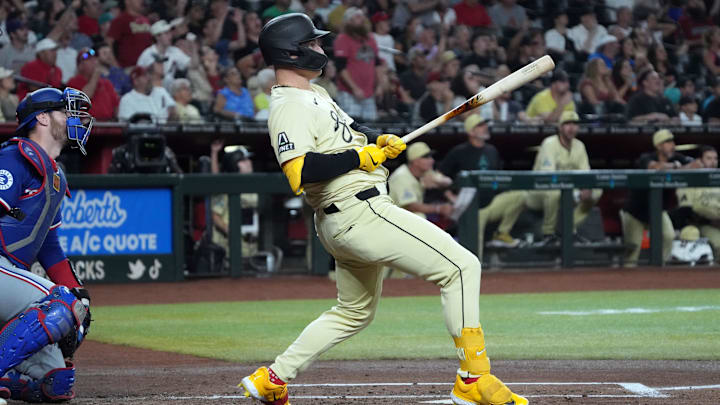 Sep 10, 2024; Phoenix, Arizona, USA; Arizona Diamondbacks designated hitter Joc Pederson (3) hits a solo home run against the Texas Rangers in the first inning at Chase Field. Mandatory Credit: Rick Scuteri-Imagn Images Sep 10, 2024; Phoenix, Arizona, USA; Arizona Diamondbacks designated hitter Joc Pederson (3) hits a solo home run against the Texas Rangers in the first inning at Chase Field. Mandatory Credit: Rick Scuteri-Imagn Images