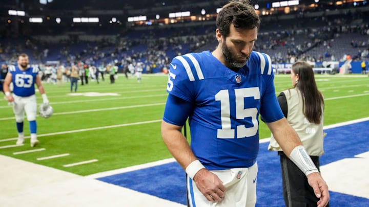 Indianapolis Colts quarterback Joe Flacco (15) leaves the field Sunday, Jan. 5, 2025, after defeating the Jacksonville Jaguars 26-23 in overtime at Lucas Oil Stadium in Indianapolis. Indianapolis Colts quarterback Joe Flacco (15) leaves the field Sunday, Jan. 5, 2025, after defeating the Jacksonville Jaguars 26-23 in overtime at Lucas Oil Stadium in Indianapolis.