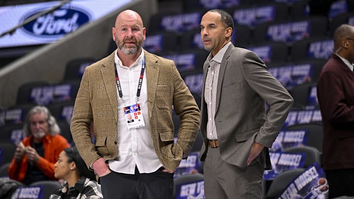 Jan 3, 2024; Dallas, Texas, USA; Portland Trail Blazers general manager Joe Cronin (left) and Dallas Mavericks general manager Nico Harrison (right) before the game between the Dallas Mavericks and the Portland Trail Blazers at the American Airlines Center. Mandatory Credit: Jerome Miron-USA TODAY Sports