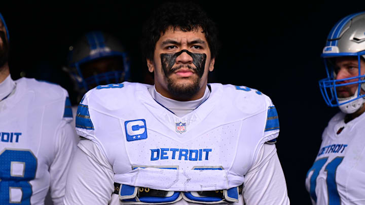 Dec 22, 2024; Chicago, Illinois, USA; Detroit Lions offensive tackle Penei Sewell (58) stands in the tunnel before the game against the Chicago Bears at Soldier Field.