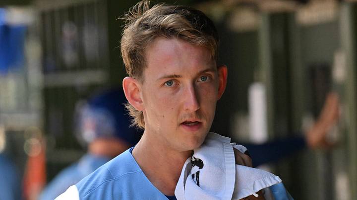 Jun 19, 2026; Chicago, Illinois, USA; Chicago Cubs pitcher Ben Brown (32) looks on from the dugout against the Toronto Blue Jays during the first inning at Wrigley Field. Mandatory Credit: Patrick Gorski-Imagn Images Jun 19, 2026; Chicago, Illinois, USA; Chicago Cubs pitcher Ben Brown (32) looks on from the dugout against the Toronto Blue Jays during the first inning at Wrigley Field. Mandatory Credit: Patrick Gorski-Imagn Images