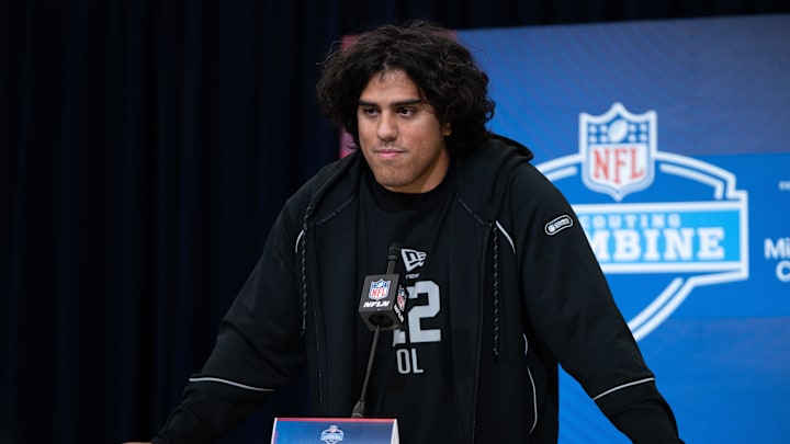 Feb 28, 2026; Indianapolis, IN, USA; Utah offensive lineman Spencer Fano (OL22) speaks to members of the media during the NFL Combine at the Indiana Convention Center. Mandatory Credit: Jacob Musselman-Imagn Images