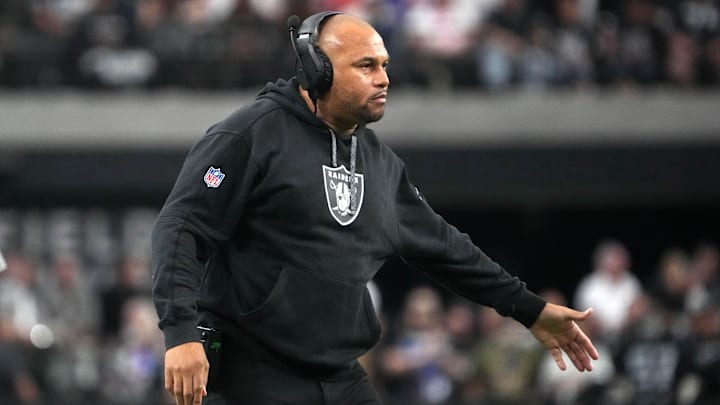 Nov 24, 2024; Paradise, Nevada, USA; Las Vegas Raiders coach Antonio Pierce reacts in the first half against the Denver Broncos at Allegiant Stadium. Mandatory Credit: Kirby Lee-Imagn Images