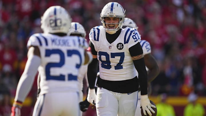 Nov 23, 2025; Kansas City, Missouri, USA; Indianapolis Colts defensive end Laiatu Latu (97) celebrates after an interception against the Kansas City Chiefs in the first quarter at GEHA Field at Arrowhead Stadium. Mandatory Credit: Jay Biggerstaff-Imagn Images