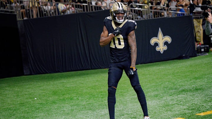 New Orleans Saints wide receiver Marquez Valdes-Scantling (10) celebrates a touchdown  against the Atlanta Falcons