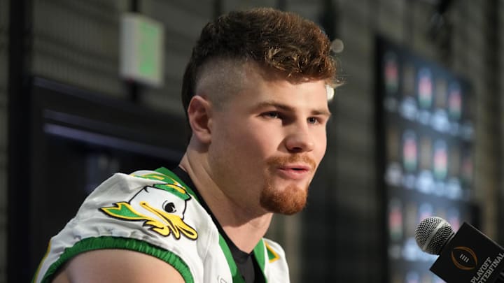 Dec 30, 2024; Los Angeles, CA, USA; Oregon Ducks linebacker Bryce Boettcher (28) during Rose Bowl media day at Sheraton Grand LA. Mandatory Credit: Kirby Lee-Imagn Images