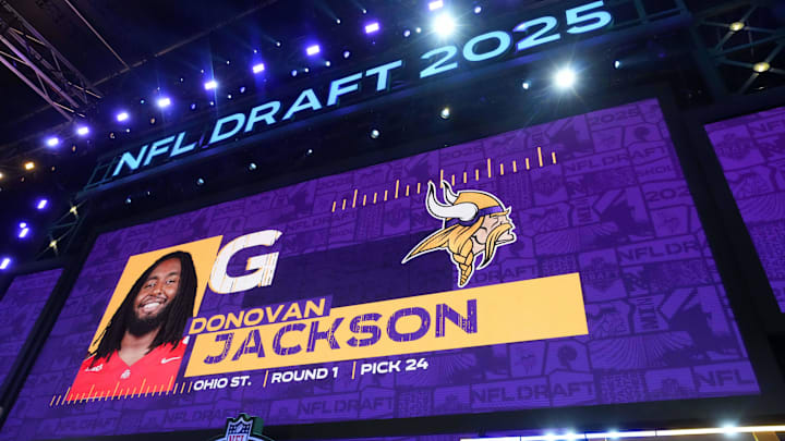 Apr 24, 2025; Green Bay, WI, USA; Ohio State Buckeyes guard Donovan Jackson is selected as the No. 24 pick by the Minnesota Vikings during the NFL Draft at Lambeau Field.