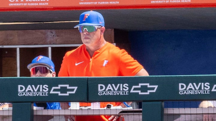 Florida baseball head coach Kevin O'Sullivan watches from the dugout during Game 1 of a doubleheader against Tennessee on May 3. The Gators need to win 3 of their final 6 games to ensure an NCAA Tournament berth this season