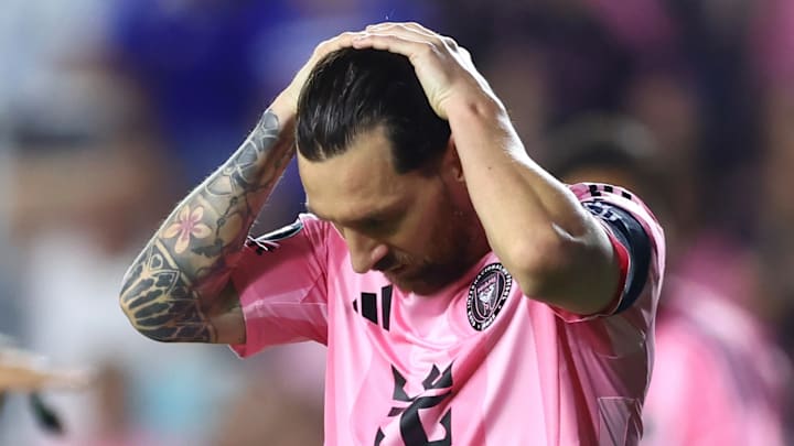 Lionel Messi reacts after the Vancouver Whitecaps eliminated Inter Miami CF in the semifinals of the 2025 CONCACAF Champions Cup.