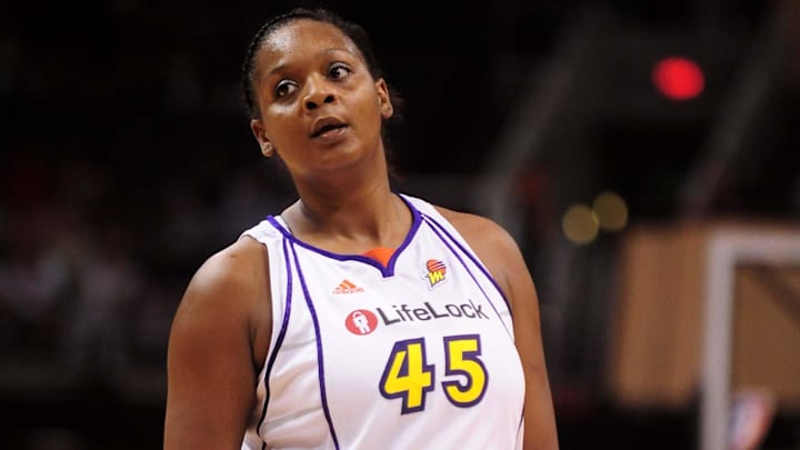 Aug 20, 2010; Phoenix, AZ, USA; Phoenix Mercury forward Kara Braxton (45) reacts on the court against the Seattle Storm at US Airways Center. The Storm defeated the Mercury 78-73.  Mandatory Credit: Jennifer Stewart-Imagn Images