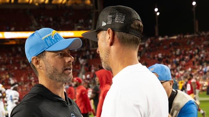 Los Angeles Chargers head coach Brandon Staley (L) and San Francisco 49ers head coach Kyle Shanahan (R)