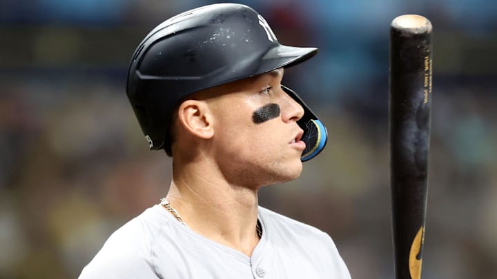Jul 9, 2024; St. Petersburg, Florida, USA;  New York Yankees outfielder Aaron Judge (99) at bat against the Tampa Bay Rays during the third inning at Tropicana Field. Mandatory Credit: Kim Klement Neitzel-USA TODAY Sports