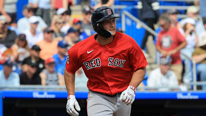 Mar 2, 2026; Dunedin, Florida, USA; Boston Red Sox catcher Matt Thaiss (25) singles during the fifth inning against the Toronto Blue Jays at TD Ballpark. Mandatory Credit: Kim Klement Neitzel-Imagn Images

