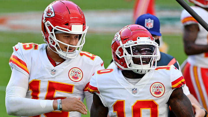 Dec 13, 2020; Miami Gardens, Florida, USA; Kansas City Chiefs wide receiver Tyreek Hill (10) celebrates his touchdown against the Miami Dolphins with quarterback Patrick Mahomes (15) during the second half at Hard Rock Stadium. Mandatory Credit: Jasen Vinlove-Imagn Images