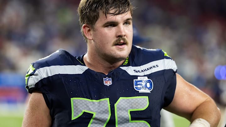 Sep 25, 2025; Glendale, Arizona, USA; Seattle Seahawks guard Grey Zabel (76) against the Arizona Cardinals at State Farm Stadium.
