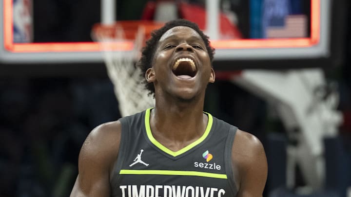 Jan 11, 2026; Minneapolis, Minnesota, USA; Minnesota Timberwolves guard Anthony Edwards (5) celebrates after defeating the San Antonio Spurs at Target Center. Mandatory Credit: Jesse Johnson-Imagn Images