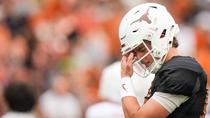 Texas Longhorns quarterback Arch Manning (16) warms up ahead of the Longhorns' spring Orange and White game at Darrell K Royal Texas Memorial Stadium in Austin, Texas, April 20, 2024. Texas Longhorns quarterback Arch Manning (16) warms up ahead of the Longhorns' spring Orange and White game at Darrell K Royal Texas Memorial Stadium in Austin, Texas, April 20, 2024.