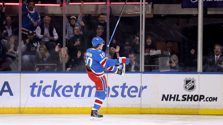 Oct 20, 2025; New York, New York, USA; New York Rangers left wing Artemi Panarin (10) celebrates his goal against the Minnesota Wild during the first period at Madison Square Garden. Mandatory Credit: Brad Penner-Imagn Images Oct 20, 2025; New York, New York, USA; New York Rangers left wing Artemi Panarin (10) celebrates his goal against the Minnesota Wild during the first period at Madison Square Garden. Mandatory Credit: Brad Penner-Imagn Images