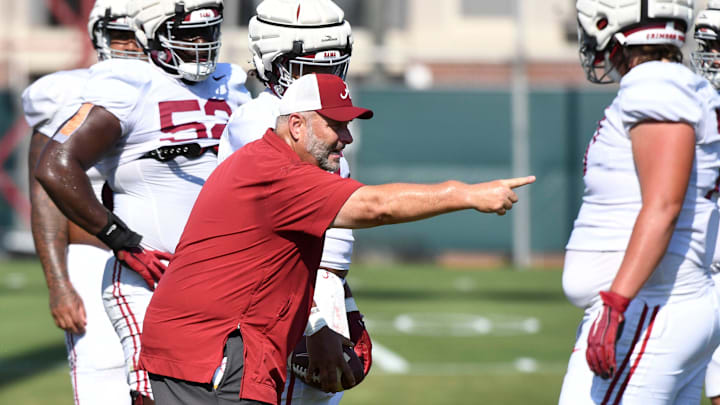 The Crimson Tide players and coaches continue working toward the season opener in practice Tuesday, Aug. 13, 2024. Alabama offensive line coach Chris Kapilovic directs his linemen. The Crimson Tide players and coaches continue working toward the season opener in practice Tuesday, Aug. 13, 2024. Alabama offensive line coach Chris Kapilovic directs his linemen.