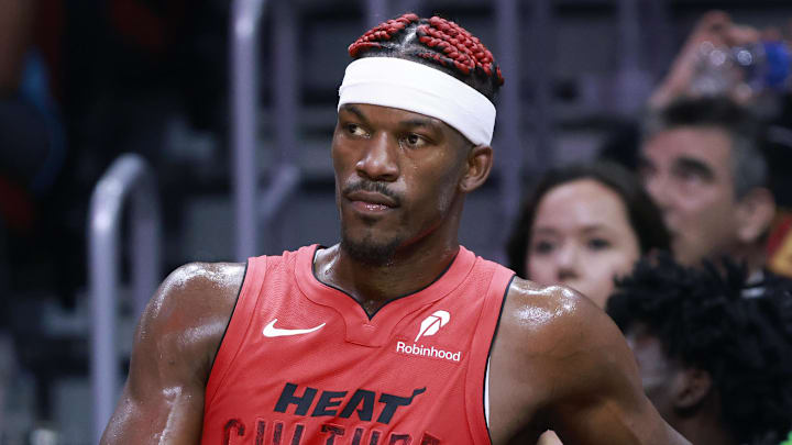 Nov 24, 2024; Miami, Florida, USA;  Miami Heat forward Jimmy Butler (22) sits on the bench against the Dallas Mavericks during the second half at Kaseya Center. Mandatory Credit: Rhona Wise-Imagn Images