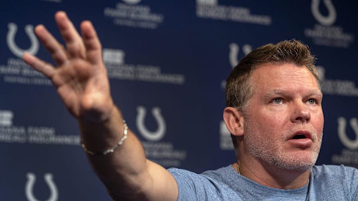 Indianapolis Colts General Manager Chris Ballard speaks to the press in a pre-draft press conference Monday, April 21, 2025 at the Colts headquarters, the Indiana Farm Bureau Football Center.