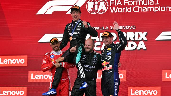 May 24, 2026; Montreal, Quebec, CANADA; Ferrari driver Lewis Hamilton (44) and Mercedes driver Kimi Antonelli (12) and Red Bull Racing driver Max Verstappen (3) on the podium May 24, 2026; Montreal, Quebec, CANADA; Ferrari driver Lewis Hamilton (44) and Mercedes driver Kimi Antonelli (12) and Red Bull Racing driver Max Verstappen (3) on the podium