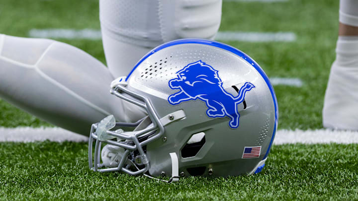 Dec 3, 2023; New Orleans, Louisiana, USA; Detailed view of the Detroit Lions helmet during warmups before the game against the New Orleans Saints at Caesars Superdome. Mandatory Credit: Stephen Lew-Imagn Images