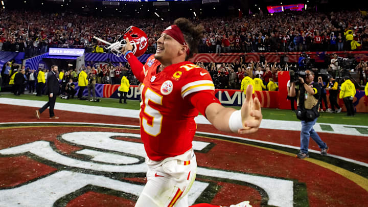 Kansas City Chiefs quarterback Patrick Mahomes (15) celebrates.